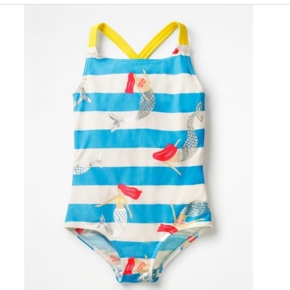 Mini Boden Mermaid striped Swimsuit girls 9-10Y cross-back - Picture 1 of 6